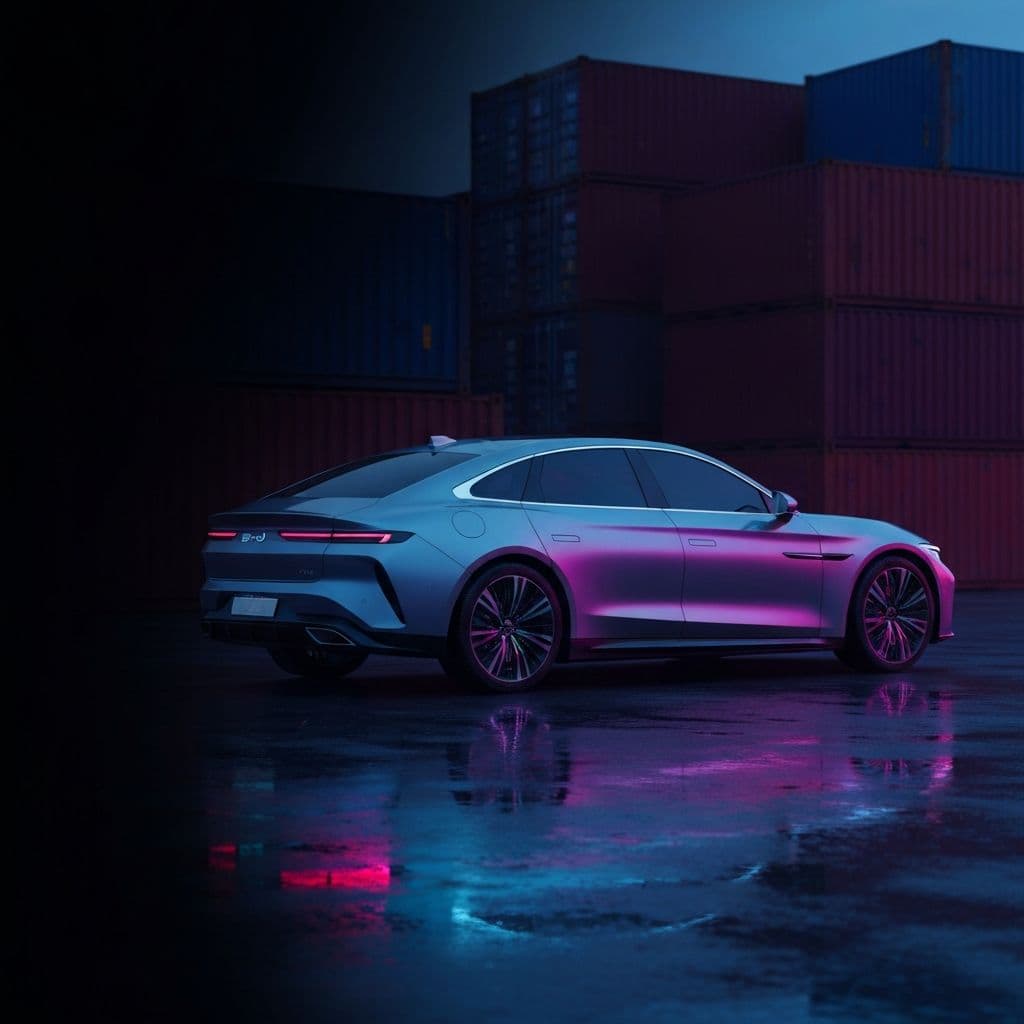 Cinematic shot of a sleek Chinese electric vehicle emerging from a futuristic shipping container
