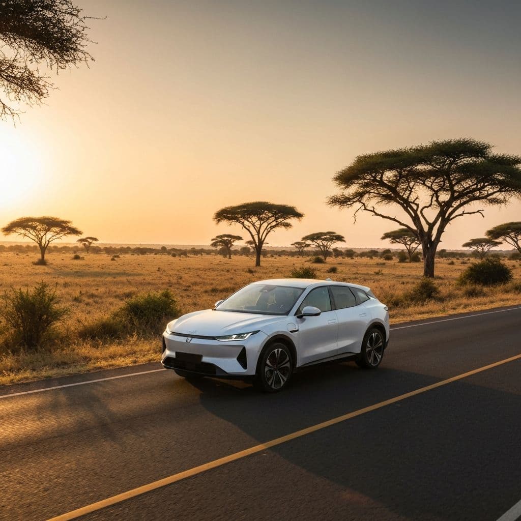 Electric SUV on East African savanna road