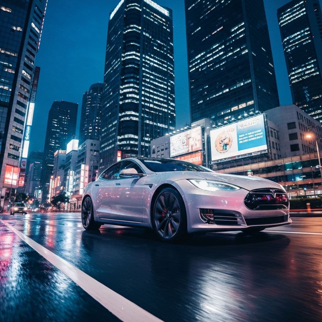 Electric car on a neon-lit Asian city street