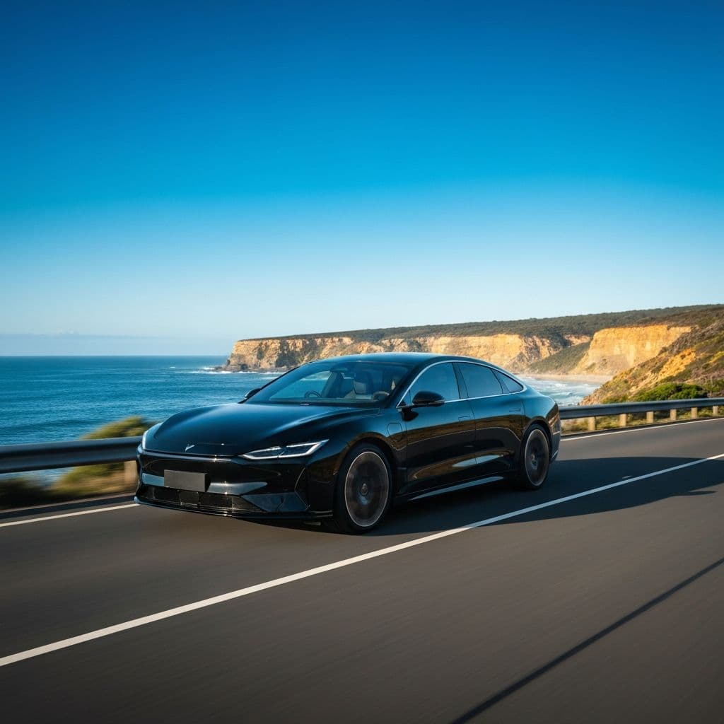 Electric sedan on Australian coastal highway